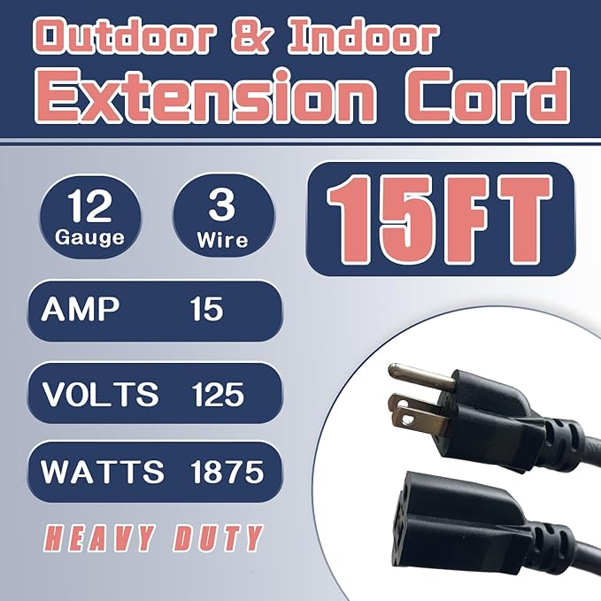 15 Ft Outdoor Extension Cord - 12/3 SJTW Heavy Duty Black Extension Cable with 3 Prong Grounded Plug - Power Cord for Lawn, Garden, Appliances