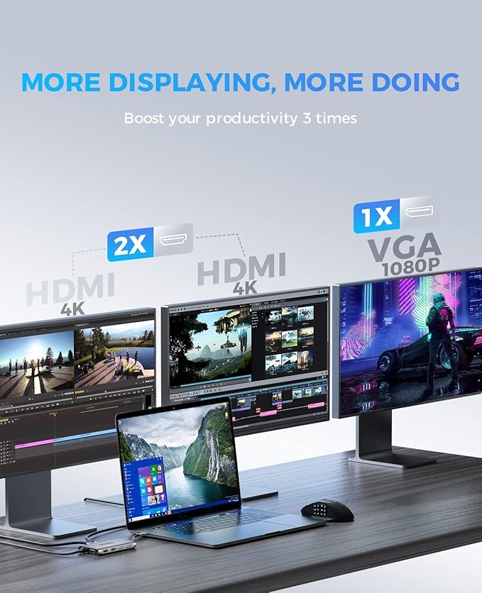 USB C Docking Station Dual Monitor, UtechSmart 11 in 1 USB C Hub Triple Display, Laptop Dock with 2 HDMI, Ethernet, VGA, 100W PD, SD/TF Card Slot, 4USB for MacBook Dell HP Surface Lenovo ASUS