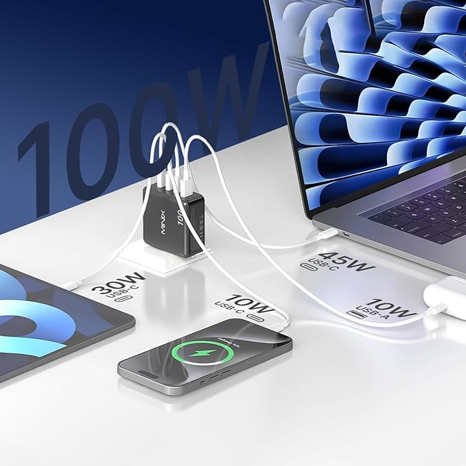 MINIX 100W USB C Charger, 4-Port USB-A/C Foldable Fast Gan Charger (Max 100W/30W/22.5W), Compatible with MacBook Pro/Air, iPad, iPhone 15/16 Pro, Galaxy S24, and More for Home, Traveling