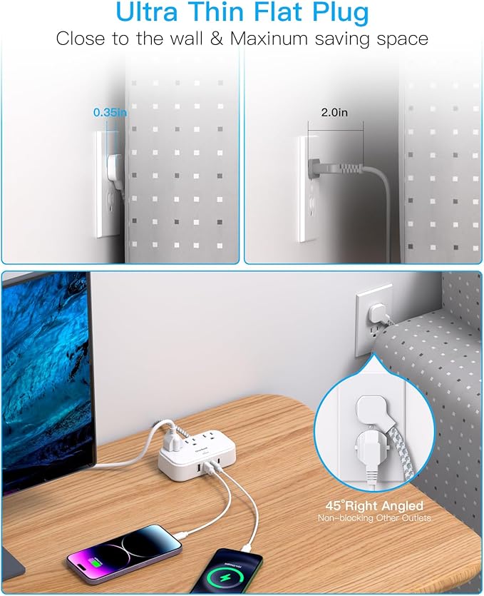 2 Pack Cruise Essentials, 5 Ft Flat Extension Cord, 3 Outlets 4 USB Ports(2 USB C) Flat Plug Power Strip, USB Charging Station with Non Surge Protector for Cruise Ship, Travel, Dorm Room Essentials