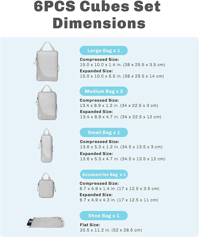 Hynes Eagle 6 Set/ 4 Set/ 2 Set Compression Packing Cubes Travel Essentials Lightweight Nylon Luggage Suitcase Organizer Bag Light Grey 6PCS