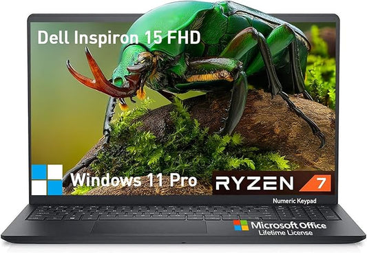 Dell Inspiron 15 3000 Laptop Computer, FHD 15.6 Laptop Notebook PC, AMD Ryzen 7, Windows 11 Pro, 64GB RAM, 2TB SSD+512GB Docking Set, Lifetime Microsoft Office, 10-Key Number Pad