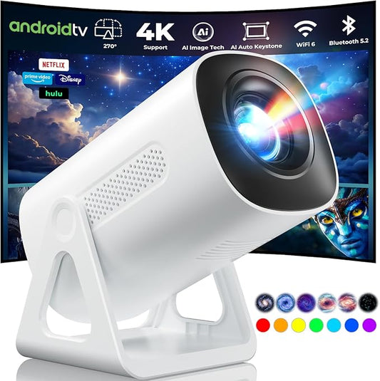 Portable WiFi and Bluetooth Projector - 4K 1080P Supported Mini Movie Projector, 270°Adjustable Stand Outdoor Home Theater Star Projector with Ambient Light for Phone TV Stick Laptop