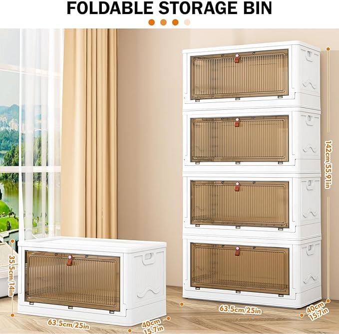 4 Tier Storage Bins with Lids 102QT - Stackable Containers with Wheels, Folding Boxes, Stackable Storage Bins, Closet Organizers