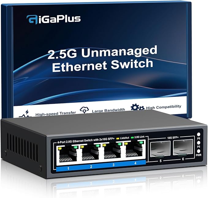 6 Ports 2.5Gb Unmanaged Ethernet Switch with 4* 2.5G Base-T Ports, 2* 10G SFP+ Ports. 2.5Gbps Network Switch for 2.5Gbps NAS/PC, WiFi6 Router, Wireless AP. Fanless Design, Plug and Play