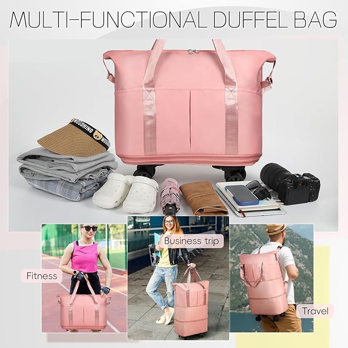 VOOWO Duffel Bag with Wheels - Rolling Foldable Expandable Duffle bags for Travel, Rolling Under Seat Luggage Carry On Travel Bag, Large Wheeled Overnight Weekender Bag (Pink)