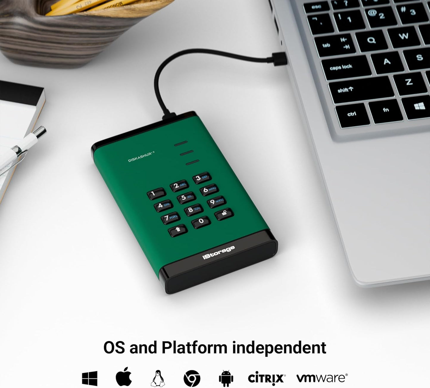 iStorage diskAshur3 HDD 2TB Green - Secure Portable Hard Drive - Password Protected - Dust & Water Resistant - Hardware Encryption