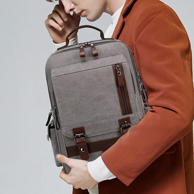 Lanola Water-resistant Canvas Backpack with Anti-Theft Pocket, Daypacks Fits 15.6 Inch Laptop for Men Perfect for Work, Travel, Daily Use (Grey)