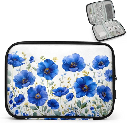 Blue Wildflowers Electronics Travel Organizer Case, Tech Accessories Cable Storage Bag for Cords, Charger, Phone, Hard Drive
