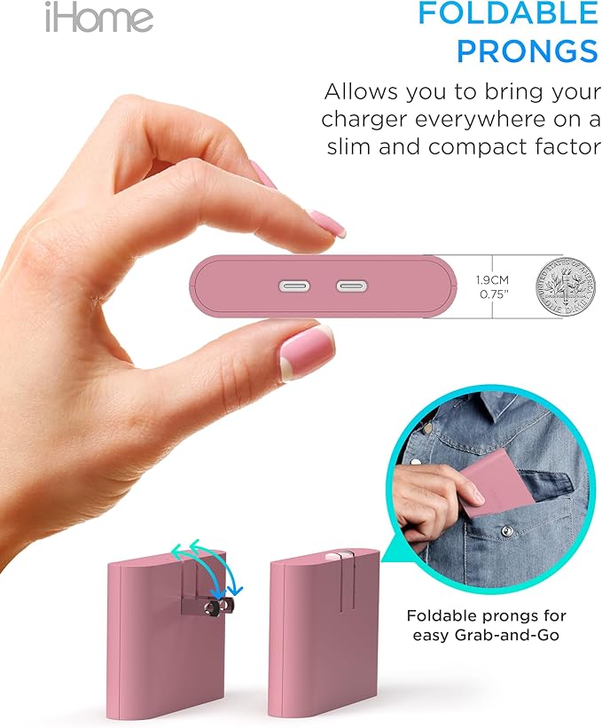 iHome Multiport 40W USB-C Charger, AC Pro 2-Port Flat Block, Dual Fast Charging Wall Adapter