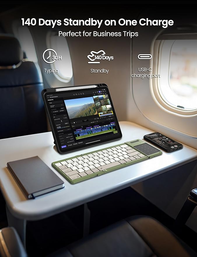 Nillkin Foldable Travel Keyboard with Touchpad & Number Pad, Bluetooth Wireless Portable Folding Full Size Keyboard with Trackpad for PC Laptop iPad Tablets Smartphone, Silicone Leather Cover, Green