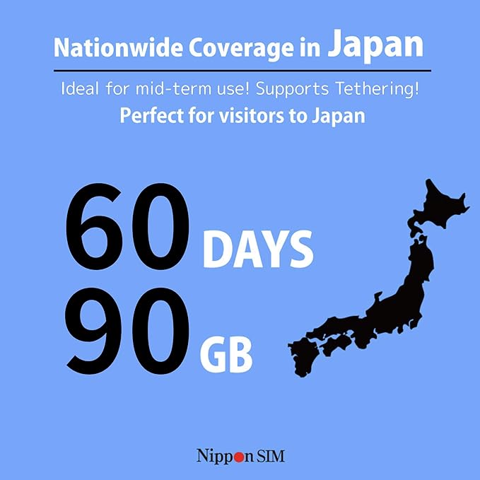 Japan SIM Card 60 Days Data Only | 90GB High-Speed 4G LTE | No Roaming Needed for Faster, Safer Access | Hotspot tethering Supported | Docomo Network | Made in Japan