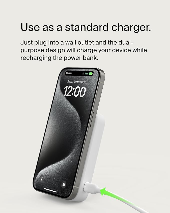 Belkin Portable Charger, Power Bank 10000 mAh w/ Qi2, iPhone Charger - MagSafe Charger w/Built-in Pop-up Kickstand for iPhone 17, Air, Pro, Pro Max, Google Pixel 10, etc. - White