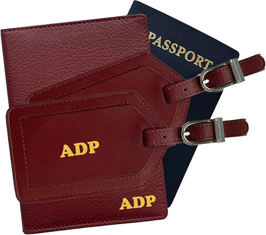 Personalized Monogrammed Merlot Leather RFID Passport Wallet and 2 Luggage Tags