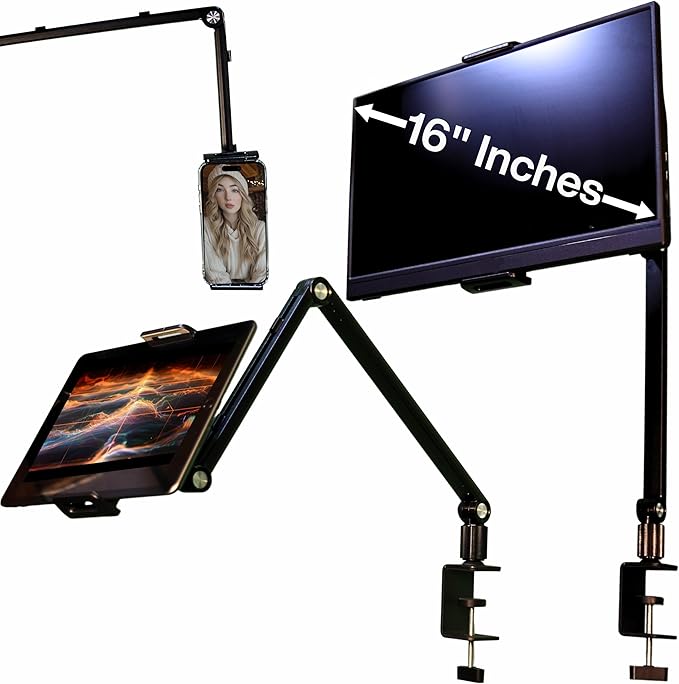 Stand for 16 Inch Portable Monitor - Heavy Duty Aluminum Mount with Infinite Angle Adjustment, Built-in Cable Management - Fits iPad Pro 12.9, Tablets, iPhone (Holds 4.7"-16" Devices)