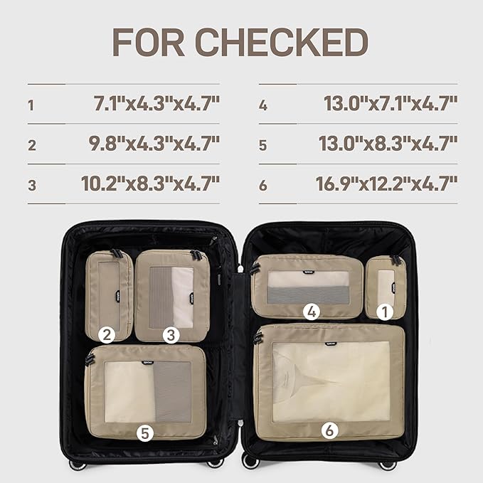 EPICKA TripCozy Compression Packing Cubes - 6 Set Durable Travel Organizer Bags with Mesh Top, Expandable Travel Accessories for Carry on, Luggage, Suitcase, Backpack (Khaki)