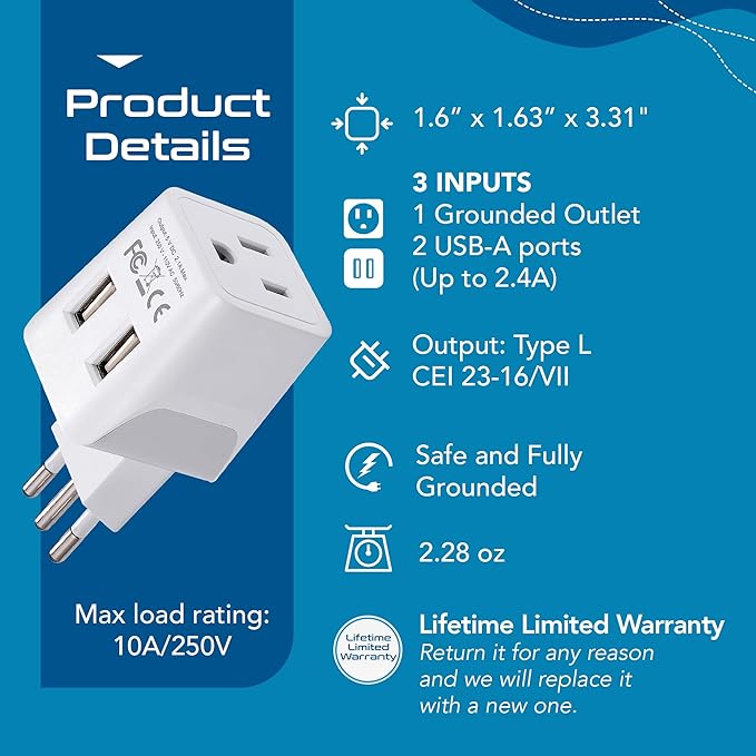 Ceptics Italy, Europe Travel Adapter Plug Set - 2 Pack - with 2 USB + USA Socket Input - Type L and Type C - Ultra Compact - Safe Grounded Perfect for Cell Phones, Laptops, Camera Chargers