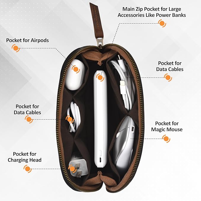 Leather Tech Pouch for Cables Chargers Phone | Tech Bag | Zipper Travel Accessory Pouch | Electronic Organizer Case Travel Bag (Vintage Dark Brown)