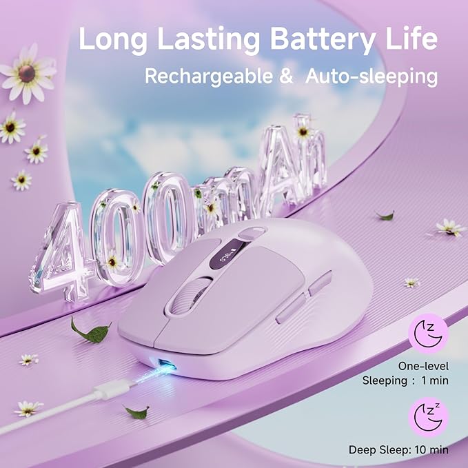 EWEADN Q1 Wireless Mouse, Bluetooth & 2.4G Silent Mouse Quiet Click with 3 DPI Levels, Battery & DPI Smart Display, 6 Button Small Portable Cordless Mice for Laptop/PC/Mac-Purple