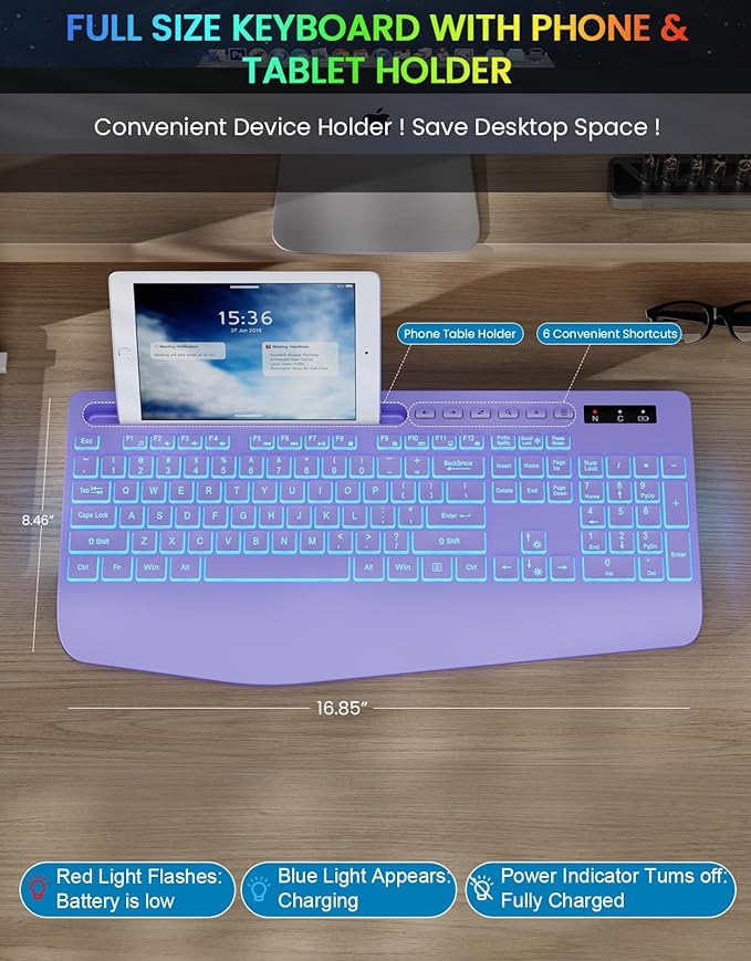 Wireless Keyboard with 7 Colored Backlits, Wrist Rest, Phone Holder, Rechargeable Ergonomic Computer Keyboard with Silent Keys, Full Size Lighted Keyboard for Windows, MacBook, PC, Laptop (Purple)