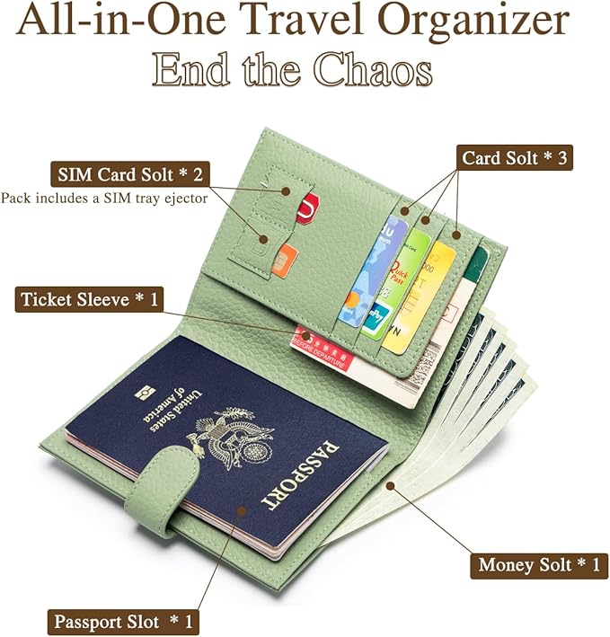 Leather Passport Holder for Travel Women – RFID Blocking Passport Wallet with 1 Passport Slot & 3 Card Slots, Coin Pocket & SIM Slot – Slim Genuine Leather Travel Organizer (Light Green)