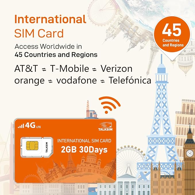 International Data SIM Card 2GB for 30Days -4G LTE Coverage 45 Countries in USA,UK,Europe,Asia and Africa Prepaid Travel Data Only SIMCARD for Unlocked WiFi Mobile Hotspot,Phones&Tablet -No Contract