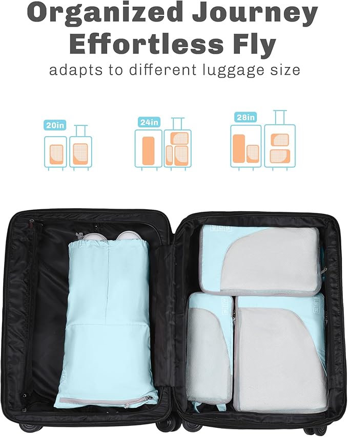Hynes Eagle 6 Set/ 4 Set/ 2 Set Compression Packing Cubes Travel Essentials Lightweight Nylon Luggage Suitcase Organizer Bag Light Blue 4PCS