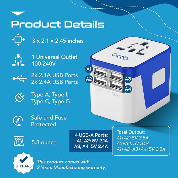 Ceptics Universal Travel Adapter Plug World Power W/ 4 USB Ports - Charge Cell Phones, Smart Watches, iPhones - For International Europe, China, UK, UAE, Australia - Type A, C, G, I
