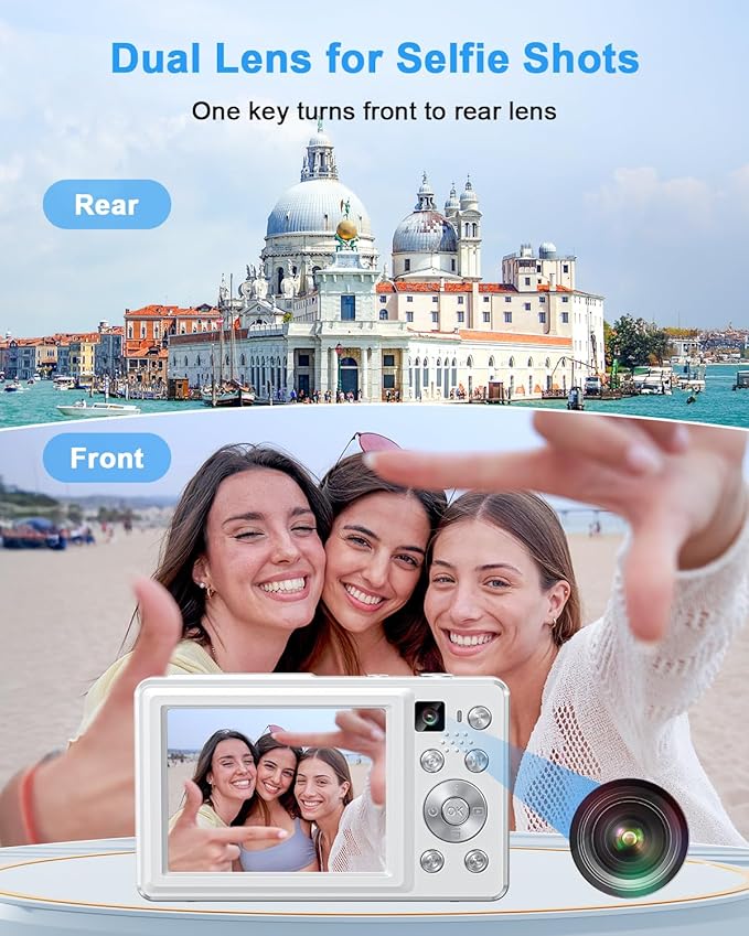 Digital Camera, 4K 64MP Cameras for Photography, Point and Shoot Digital Camera with Auto Focus, Dual Camera, Flash, 16X Zoom, Anti Shake, 32GB Card, Compact Vlogging Camera for Teens, Adults