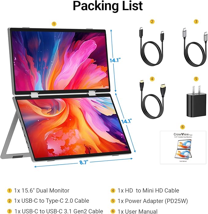 ELECROW Laptop Screen Extender 15.6" 1080P Dual Portable Monitor, USB C HD 360° Rotation Foldable Travel Extended Computer Display with Stand for Laptop PC Windows Mac, VESA Mountable (Plug & Play)