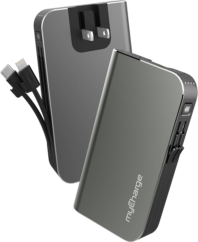 myCharge Portable Charger with Wall Plug – 10050mAh Fast Charging – Power Bank for iPhone, Samsung, Android & More - External Battery Pack Portable Charger with Built-in Cables (Lightning + USB-C)