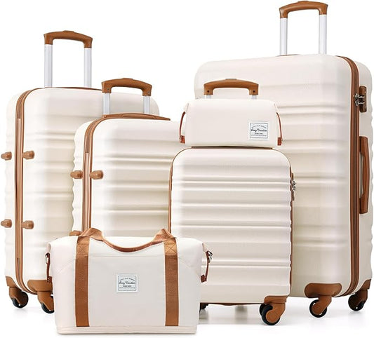 LONG VACATION 6 Piece Luggage Set Carry on Suitcase with ABS+PC hardshell, Spinner Wheels & YKK Zipper TSA Lock (WHITE-BROWN, 6 piece set)