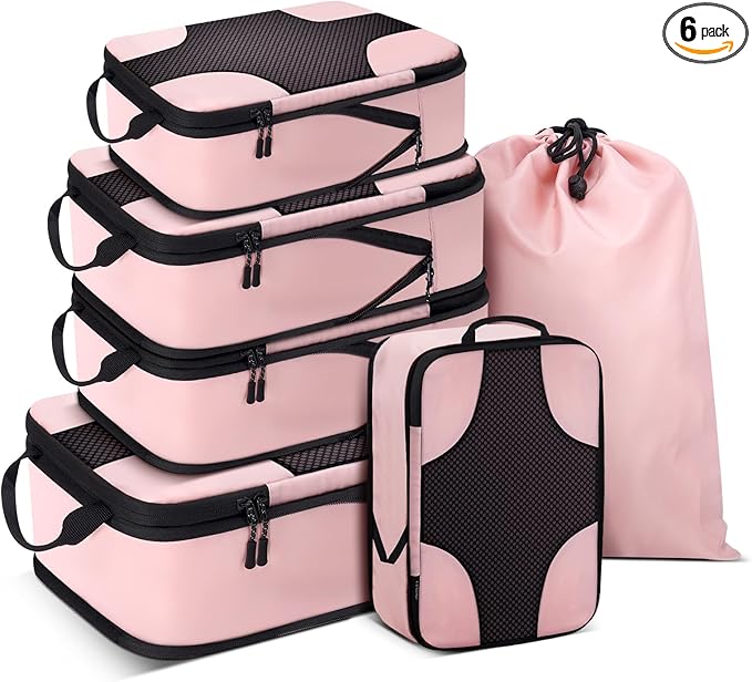 6 Set Compression Packing Cubes for Travel Women, Compression Bags Organizer for Packing Luggage Space Saving, Suitcase Organizer Set for Travel Essentials - Pink