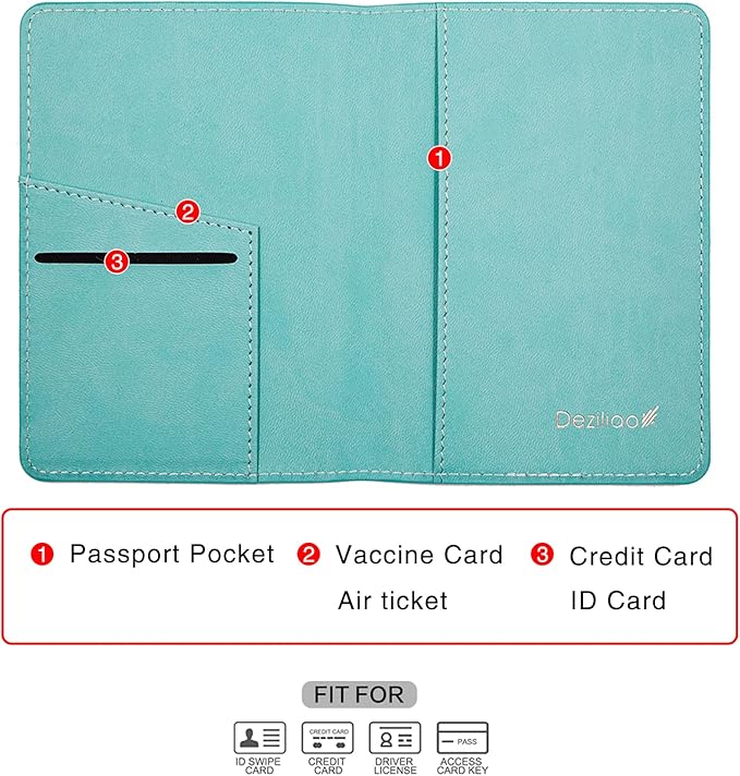 Deziliao Passport Holder,Passport Holder Card Slots, Passport and Vaccine Card Holder Combo, Cute Passport cover for Women and Men, with Waterproof Rfid Blocking, Passport Travel Wallet(Aqua Green)