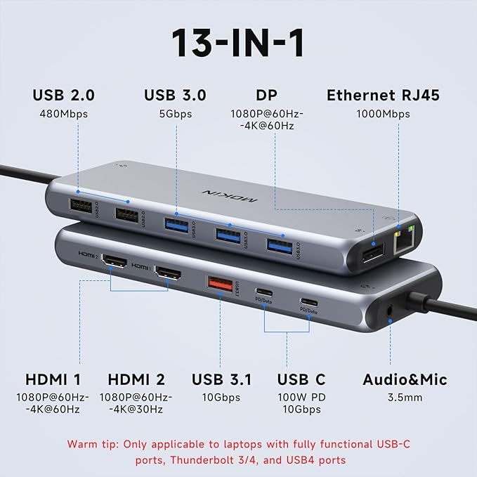 USB C Docking Station 3 Monitors Laptop Dual Monitor Multiport Adapter Dock Dongle, USBC to 2 HDMI,DisplayPort,PD Charging,Ethernet,7 USB C/A 3.1/3.0/2.0 Ports,Audio