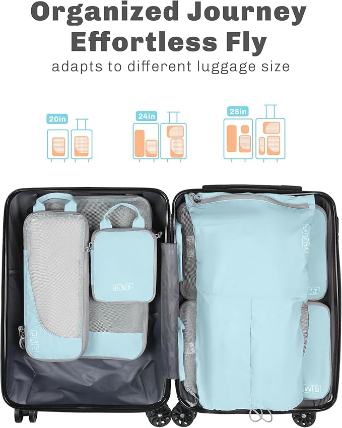 Hynes Eagle 6 Set/ 4 Set/ 2 Set Compression Packing Cubes Travel Essentials Lightweight Nylon Luggage Suitcase Organizer Bag Light Blue 6PCS