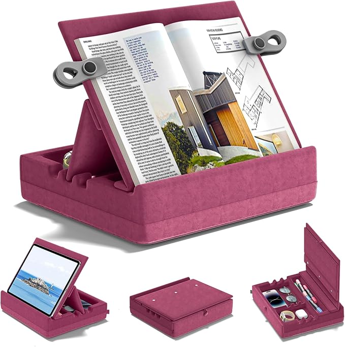 KDD Book Stand with Storage, Multi-Angle Viewing Reading Tablet Holder for Lap, Bed, Desk and Couch, Foldable I-pad Pillow Holder with Organizer Tray for Book,Tablet, Cell Phone, (4.7"-15") Purple