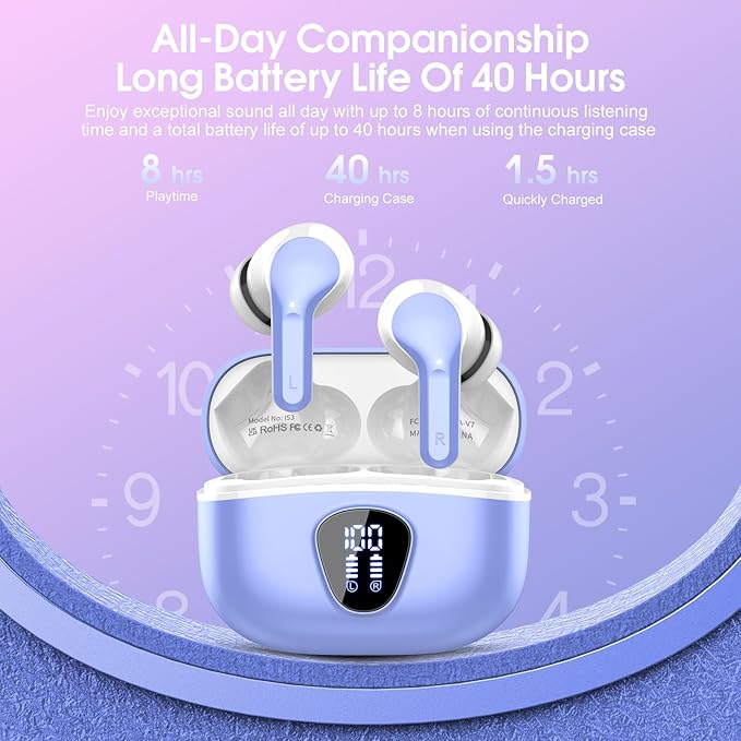 Wireless Earbuds, Bluetooth 5.4 Headphones HiFi Stereo, Bluetooth Earbuds with ENC Noise Cancelling Mic, IP7 Waterproof in Ear Earphones, 48H, LED Display Ear buds for Pad Phones Workout, White Purple