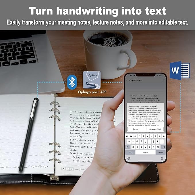 Smart Pen for Note Taking Set Real-Time Paper-to-Digital, Smart Digital Notebook with Pen for Meeting Class Creation, Convert to Text, Store, and Share Your Handwritten Notes via App(iOS/Android)
