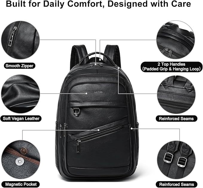 43L Backpack for Women Men - Vegan Leather Backpack Purse Travel Carry-on Bag College Bookbag Work fits 17" Laptop, Black