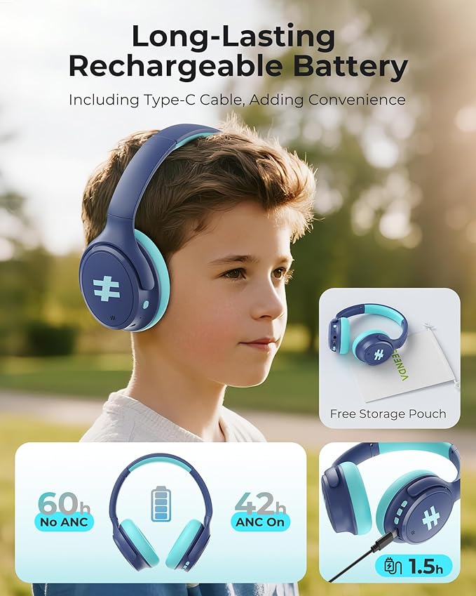 seenda Kids Wireless Active Noise Cancelling Headphones, 60H Playtime, Safe Volume (74/85/94dB), Bluetooth 5.4, Type-C Foldable Headphones with Mic for School, iPad, Airplane, Travel, Blue