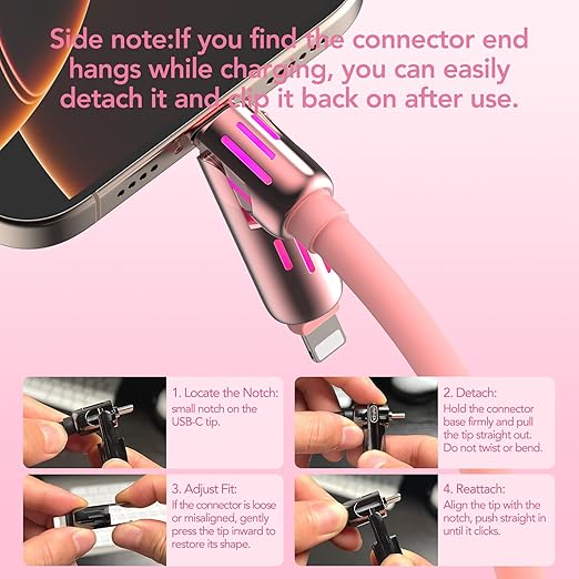 MFish 240W 4-in-1 Universal USB Charging Cable [2 Pack, 6.6ft] – Fast Charger Cord with USB-A, Dual USB-C & Lighting, for iPhone 14/15/16/17 Series, iPad & MacBook & More (2PACK, Pink+White, 6.6Ft)