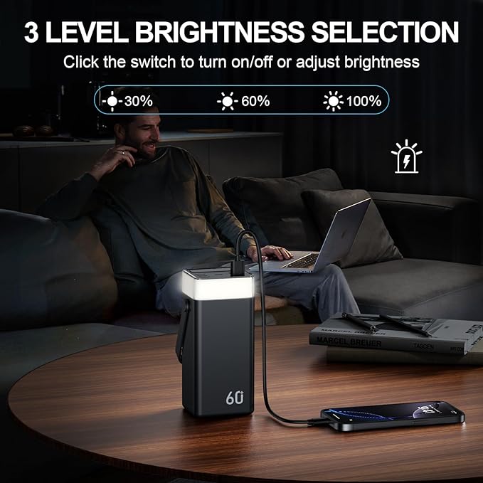 Power Bank 60000mAh 22.5W Fast-Charging Portable Charger with Built-in Cables Portable High Capacity Portable Phone Charger Power Bank for iPhone, Samsung, Galaxy, Travel Camping Outdoor