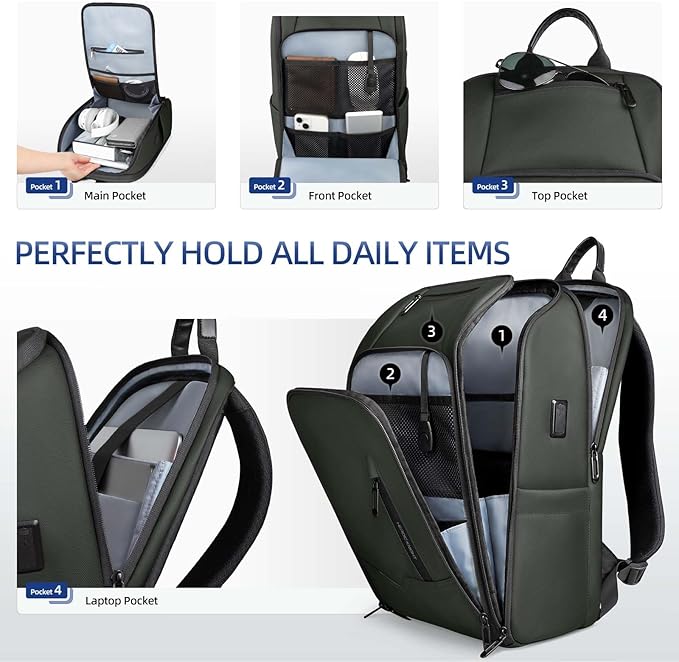 Business Backpack Computer Bag for 15.6 Inch Laptop for Men Women with USB Charging Port Water-Resistant Anti-theft Luggage Backpack Suitcase Casual Daypack for College Weekender Hikking Travel-Green