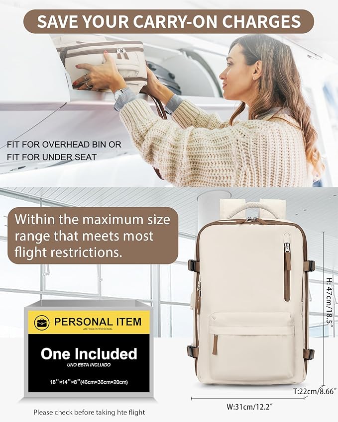VECAVE Carry On Backpack for Women,Large Travel Backpack Flight Approved,Waterproof 15.6 Inch Laptop Backpack Business Work Backpacks Men Mochila De Viaje WhiteBrown