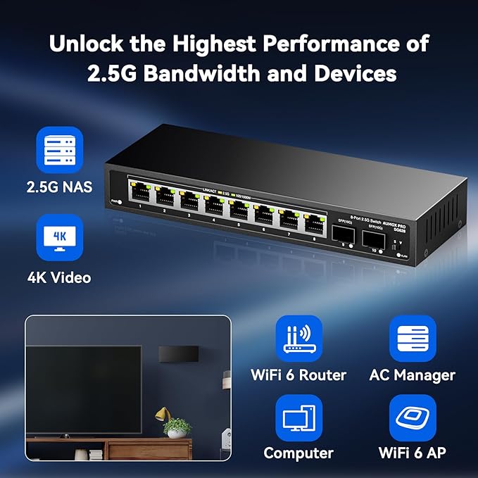 10 Port 2.5Gb Unmanaged Ethernet Switch with 8* 2.5G Base-T Ports, 2*10G SFP Ports, AUMOX PRO 80 Gbps Vlan Switching Capacity Compatible with 100/1000/2500Mbps Plug and Play