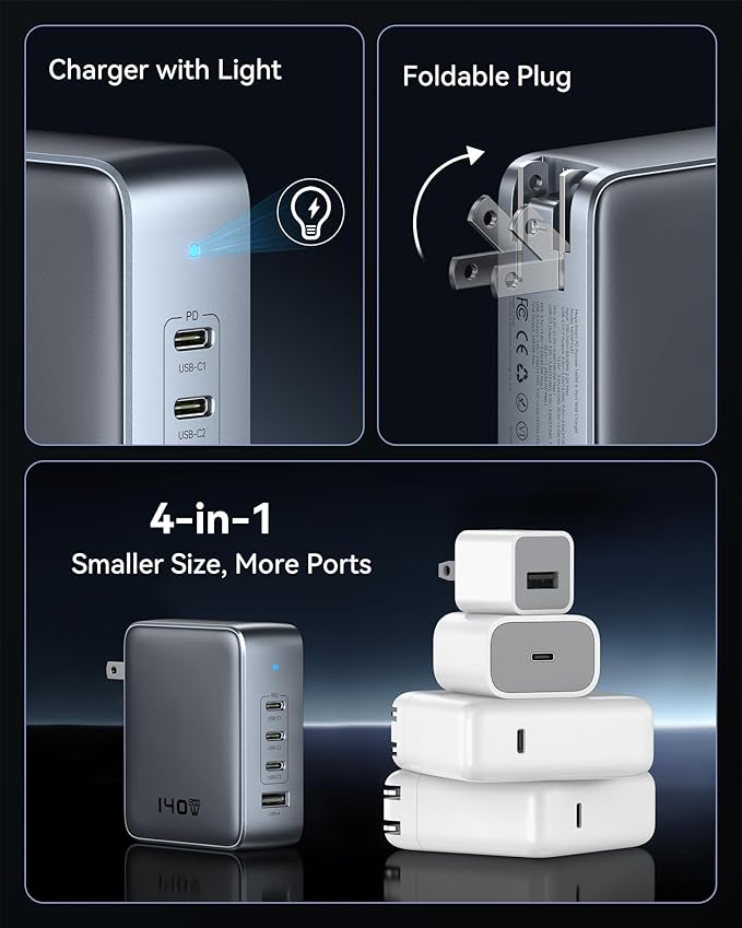 USB C Charger Block 140W, 4-Port GaN PD3.1 PPS Fast Laptop Charger Foldable Compact Power Adapter for MacBook Pro, iPhone 17/16/15 Series, iPad Air, Galaxy S25/S24 Ultra, Steam Deck, Google Pixelbook