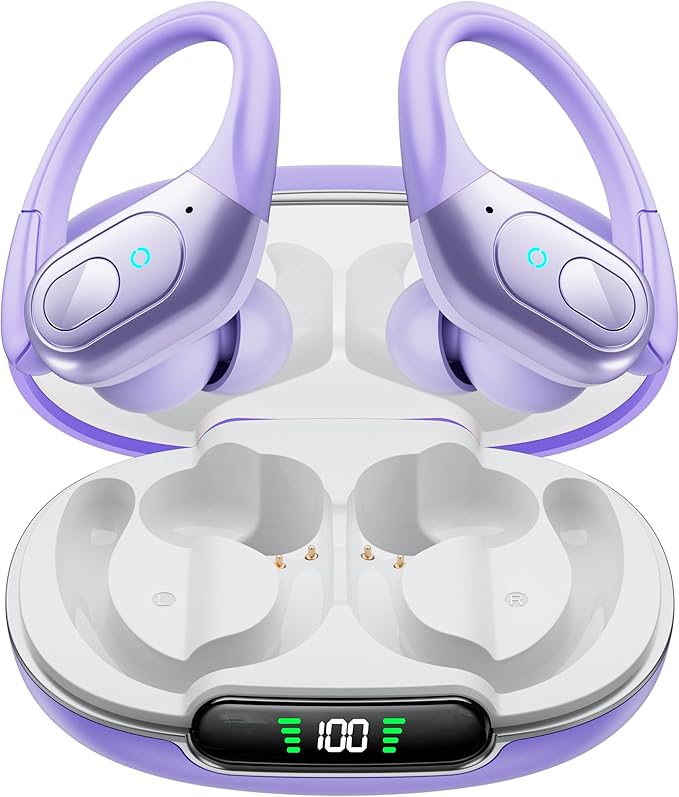 occiam Active Noise Cancelling Earbuds Wireless Bluetooth Headphones Ear Buds 90Hrs Playback Stereo Bass Earphones with Mic Over-Ear Hooks IPX7 Waterproof Headset for Work Sports Running Gym Purple