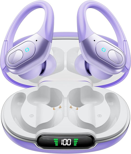 occiam Active Noise Cancelling Earbuds Wireless Bluetooth Headphones Ear Buds 90Hrs Playback Stereo Bass Earphones with Mic Over-Ear Hooks IPX7 Waterproof Headset for Work Sports Running Gym Purple