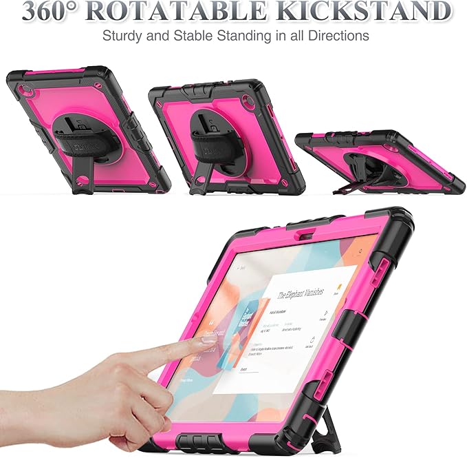 SEYMAC stock Case for Samsung Galaxy Tab A9+ Plus 11'', Full-Body Drop Protection Case with Screen Protector Pencil Holder [360° Rotating Hand Strap] &Stand, Pink+Black